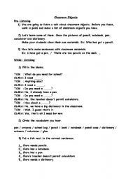 English worksheet: classroom objects