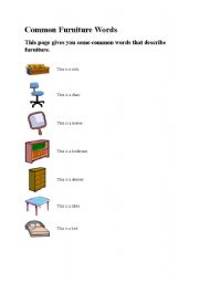 English worksheet: common furniture