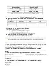 English Worksheet: mid-term test n3 first year