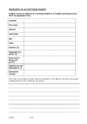 English worksheet: Application as an exchange student