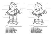 English Worksheet: Winter Clothing Activity (using clothing items and colours)