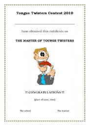 English Worksheet: Tongue Twisters Contest (certificate)