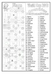 English Worksheet: WORLD CUP 2010 FLAGS, COUNTRIES AND NATIONALITIES