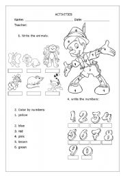 English Worksheet: animals, colors and numbers