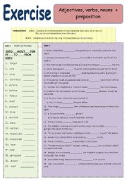 English Worksheet: adjectives, nouns, verbs + Prepositions