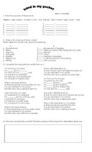 English Worksheet: song: hand in my pocket