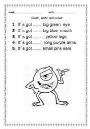 English Worksheet: COUNT, WRITE AND COLOUR