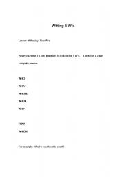 English Worksheet: 5 Ws