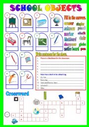 English Worksheet: School Objects (B/W & Keys)