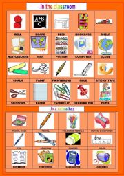 English Worksheet: Classroom objects: in the classroom, in the schoolbag