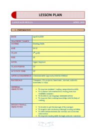 English Worksheet: a sample lesson plan for teaching reading skill for upper-beginner learners