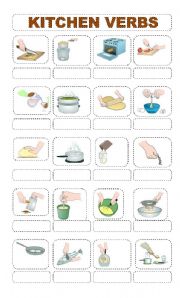 English Worksheet: Identify 20 KITCHEN VERBS