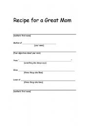 English Worksheet: Recipe for a Great Mom 