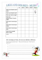 English worksheet: Likes and Dislikes - Music