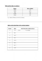 English worksheet: write sentences using ordinal numbers