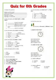 English Worksheet: quiz for 6th grades
