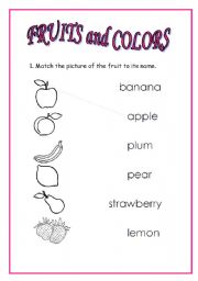 English Worksheet: FRUITS AND COLORS (2 PAGES)
