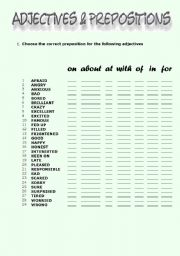 English Worksheet: Adjectives & Prepositions