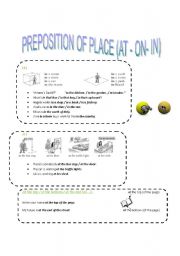 English worksheet: Prepositon of Place (At -On- In)