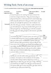 English Worksheet: Writing: Parts of an Essay I