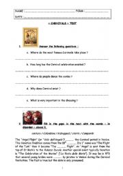 English worksheet: special days : test step 13 - carnivals