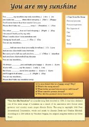 English Worksheet: Song - You are my Sunshine