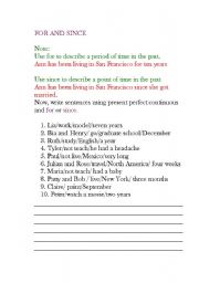 English Worksheet: FOR AND SINCE