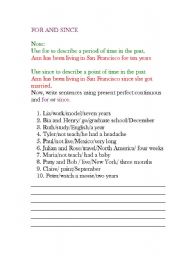 English worksheet: FOR AND SINCE