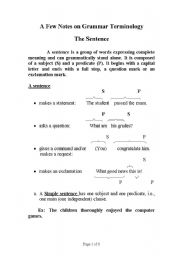 English Worksheet: A Few Notes about Grammar Terminology