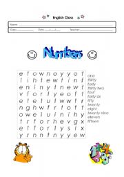 English Worksheet: Numbers 1 to 50 - wordsearch