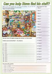 Can you help Steve find his stuff? (there is + prepositions + to be) ***fully editable