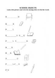 English Worksheet: school objects