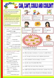 English Worksheet: Can - Cant - could - Couldnt  (B/W & Keys)