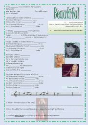 English Worksheet: SONG: BEAUTIFUL - BODY IMAGE