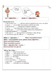 English Worksheet: 1)Put in such or so. 2)Put in the, a|an. 