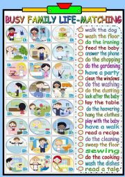 English Worksheet: BUSY FAMILY LIFE - MATCHING EXERCISE (B&W VERSION INCLUDED)