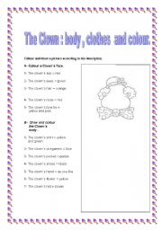 English Worksheet: The clown: body, clothers and colour.