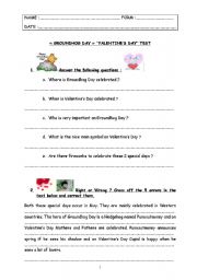 English Worksheet: special days : test step 2 - Groundhog Day & St Valentine Day.