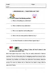 English worksheet: special days : test step 2 - Groundhog Day & St Valentine Day.