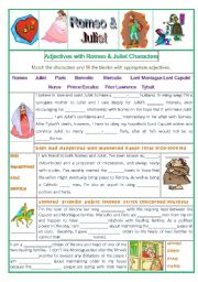 English Worksheet: Adjectives Romeo Juliet Characters 2 pages