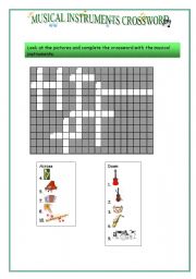 English worksheet: musical instruments crossword plus key