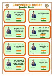 English Worksheet: Incredible India! - Question Cards