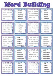 English Worksheet: Word Building - Game cards (tips, key, editable)