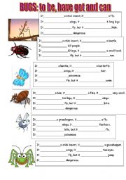 English Worksheet: BUGS: TO BE, HAVE GOT AND CAN