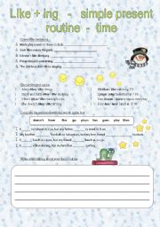 English Worksheet: present simple, routine, like + ING, time