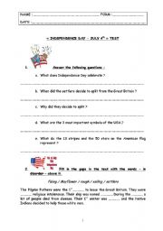 English worksheet: special days - test step 6 - July 4th, American Independenc Day