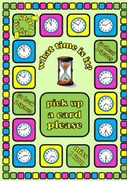 What time is it?. Time telling board game + cards + instructions. Fully editable