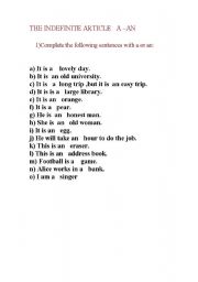English Worksheet: The indefinite article a an