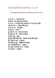 English worksheet: The indefinite article a an