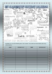 English Worksheet: MY CLASSMATES BIRTHDAY CALENDAR